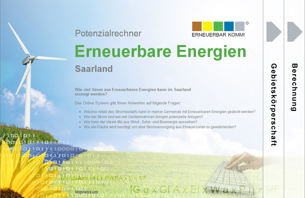 Potentialrechner - Erneuerbare Energien Himmel mit Windrad und im Vordergrund der Schriftzug Potenzialrechner der erneuerbaren Energien